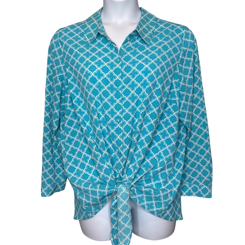 Susan Graver Womens Turquoise Tie Waist Top Size 18W Coastal Resort Tropical